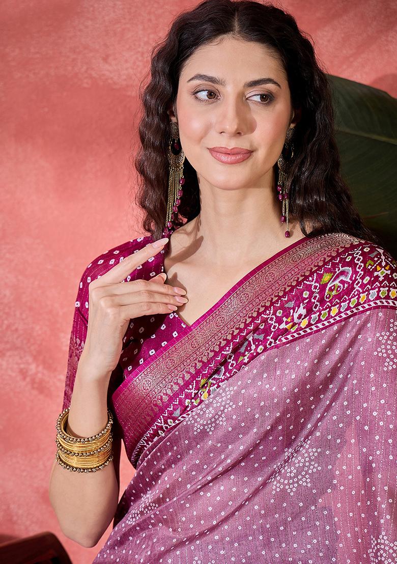 Onion Pink Bandhani Silk Blend Saree Set