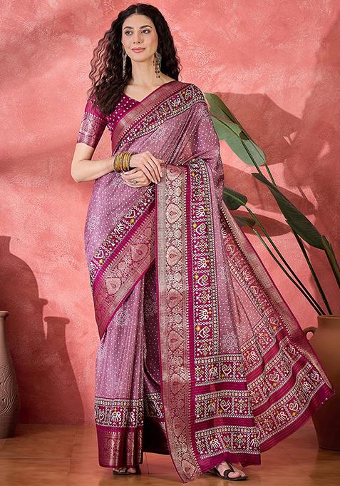 Onion Pink Bandhani Silk Blend Saree Set
