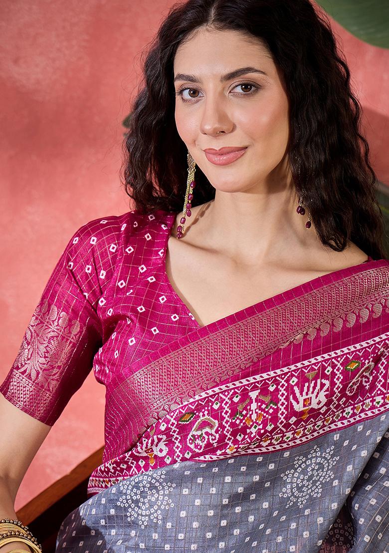 Grey Bandhani Silk Blend Saree Set