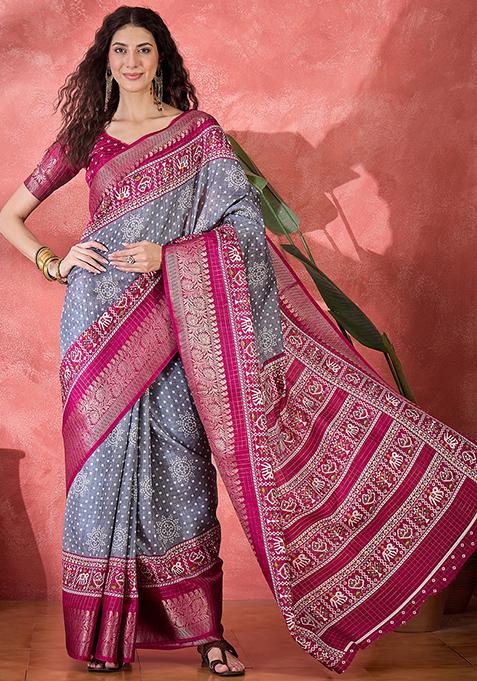 Grey Bandhani Silk Blend Saree Set