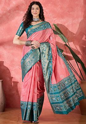 Pink Bandhani Silk Blend Saree Set