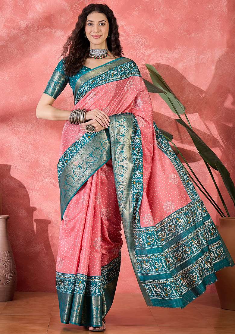 Pink Bandhani Silk Blend Saree Set - Indya