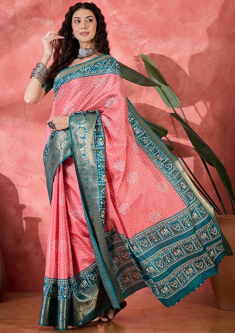 Pink Bandhani Silk Blend Saree Set