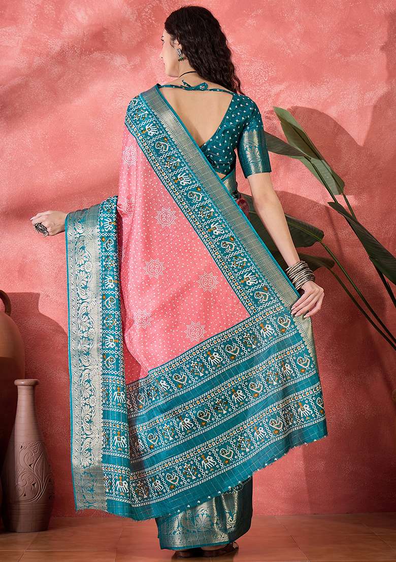 Pink Bandhani Silk Blend Saree Set - Indya
