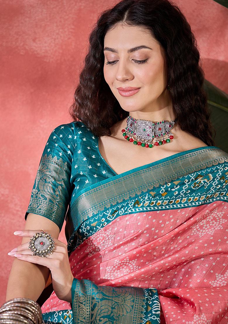 Pink Bandhani Silk Blend Saree Set