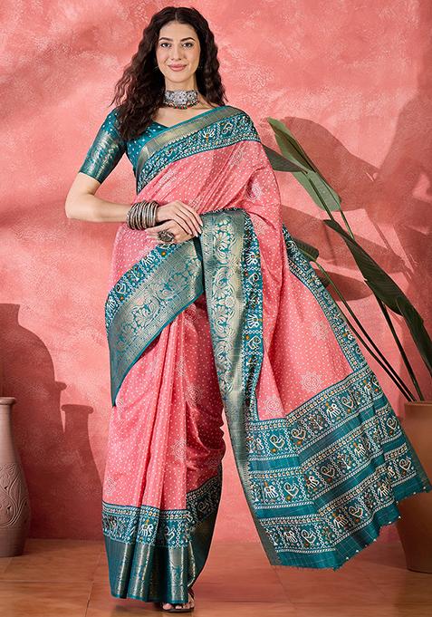 Pink Bandhani Silk Blend Saree Set