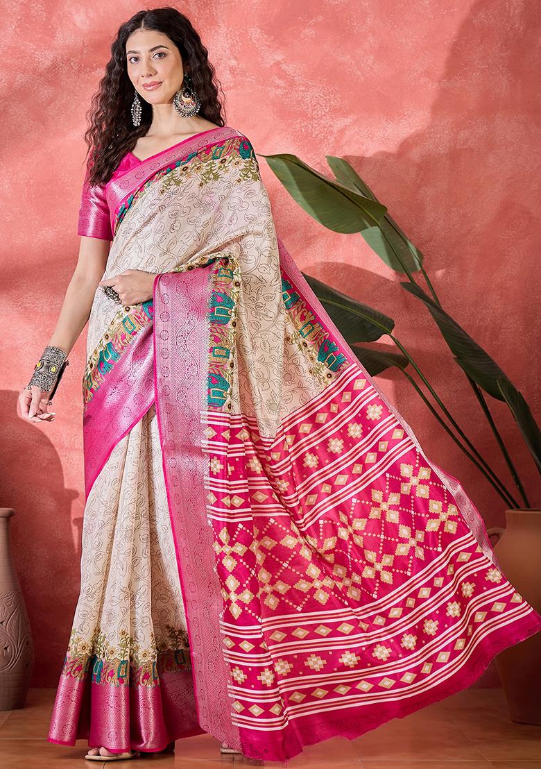 Cream Printed Silk Blend Saree Set