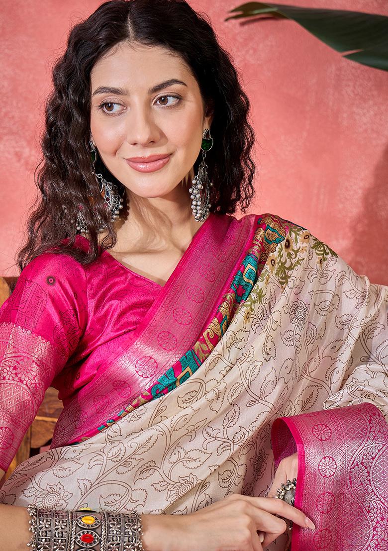 Cream Printed Silk Blend Saree Set