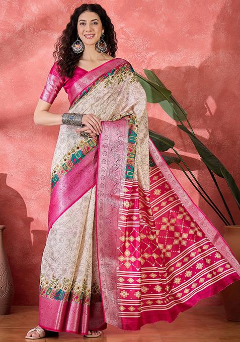 Cream Printed Silk Blend Saree Set
