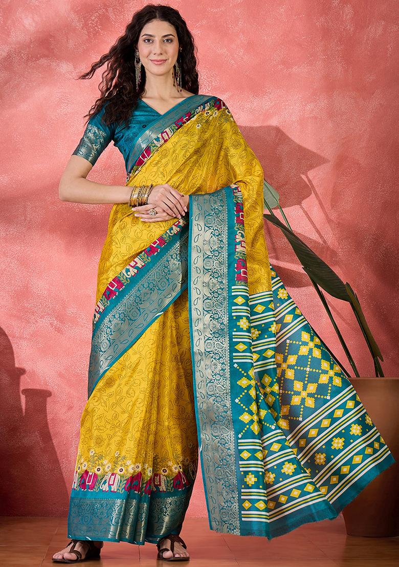 Gold Printed Silk Blend Saree Set