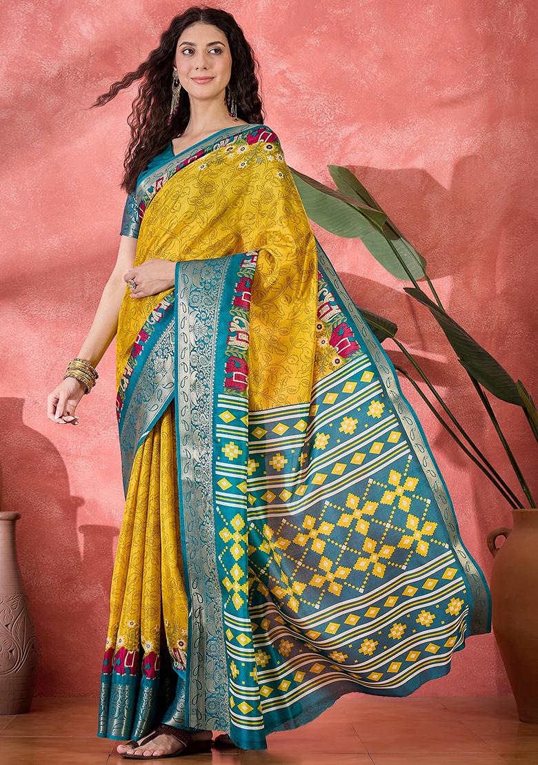 Gold Printed Silk Blend Saree Set