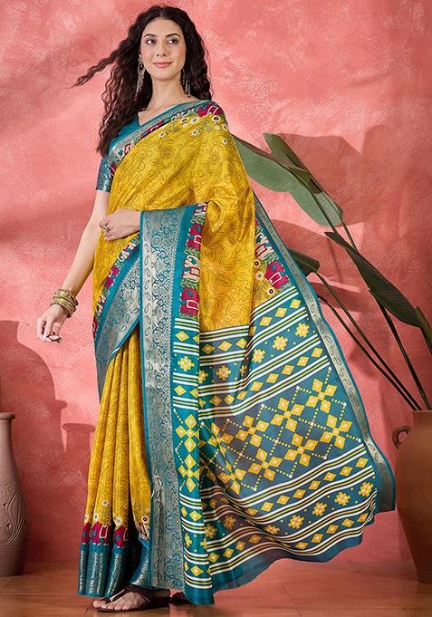 Gold Printed Silk Blend Saree Set