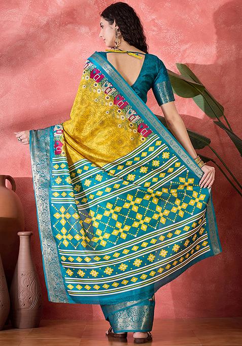 Gold Printed Silk Blend Saree Set