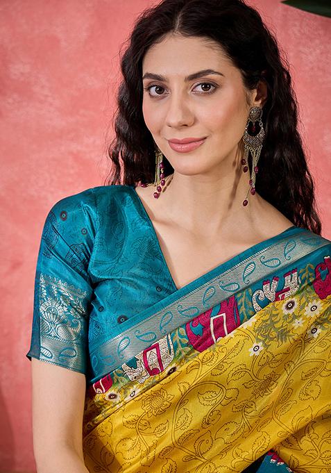 Gold Printed Silk Blend Saree Set