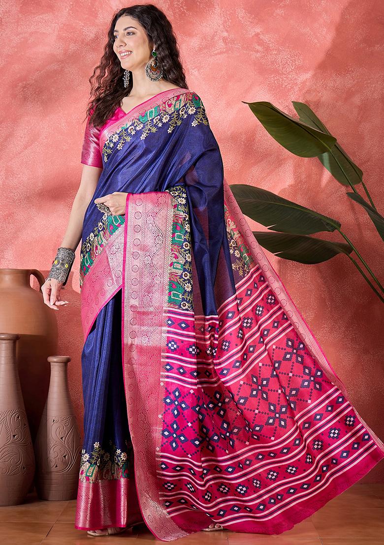 Navy Blue Printed Silk Blend Saree Set