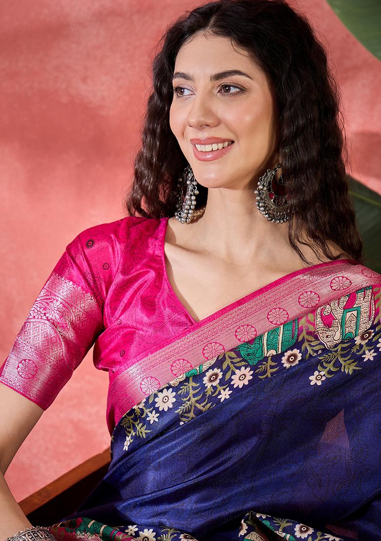 Navy Blue Printed Silk Blend Saree Set