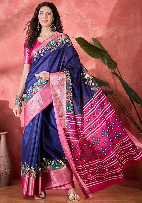 Navy Blue Printed Silk Blend Saree Set