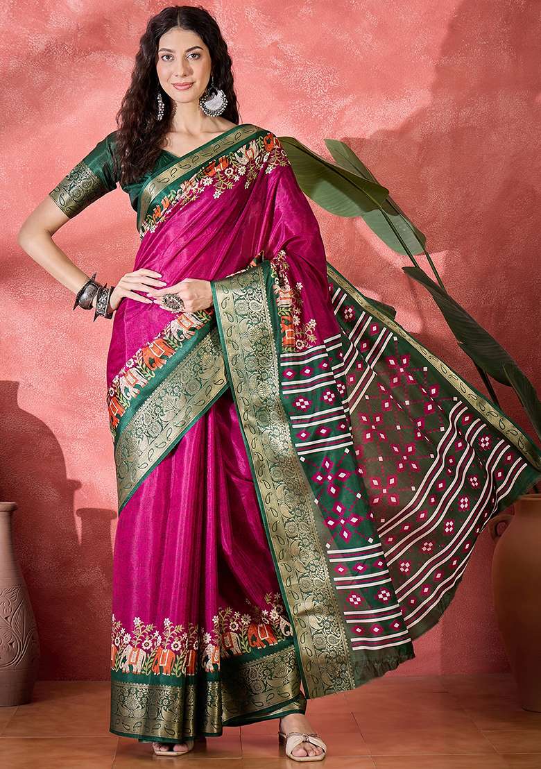 Rani Pink Printed Silk Blend Saree Set - Indya
