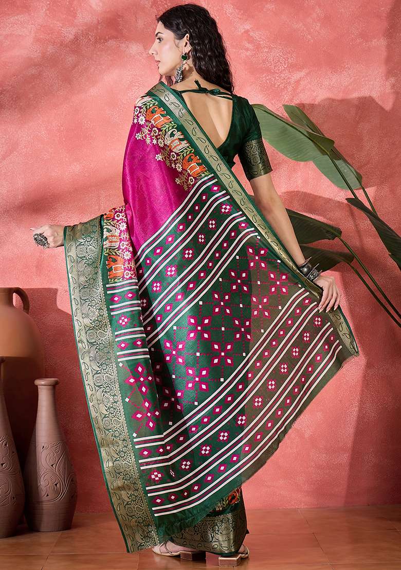 Rani Pink Printed Silk Blend Saree Set - Indya