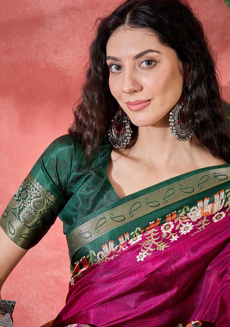 Rani Pink Printed Silk Blend Saree Set