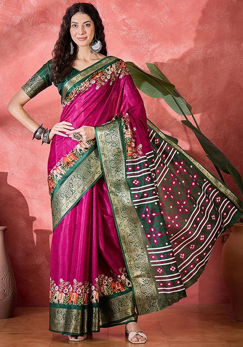 Rani Pink Printed Silk Blend Saree Set