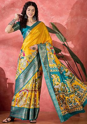 Mustard Yellow Printed Silk Blend Saree Set