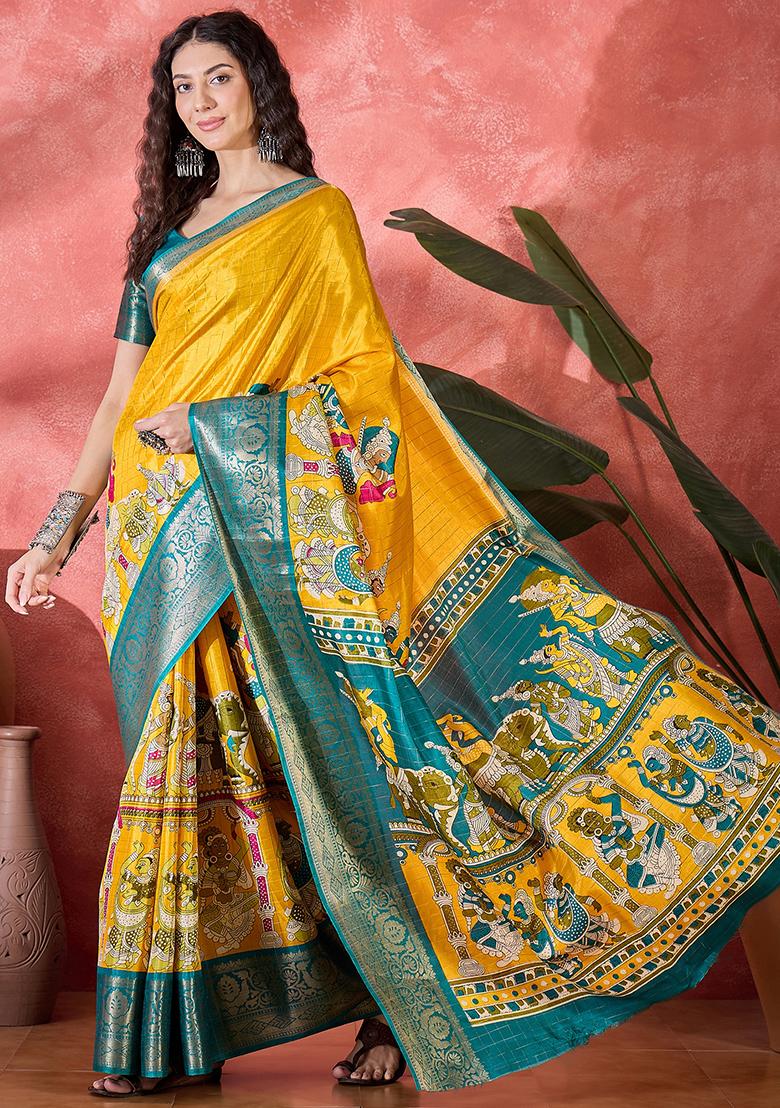 Mustard Yellow Printed Silk Blend Saree Set