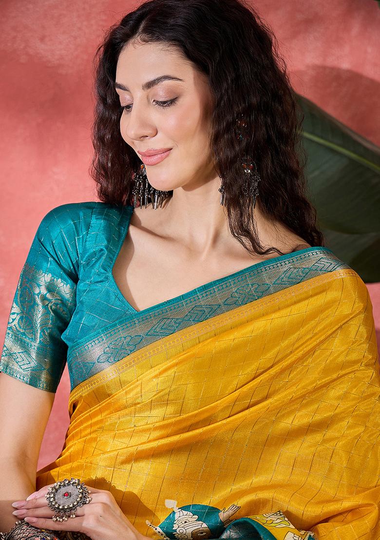 Mustard Yellow Printed Silk Blend Saree Set