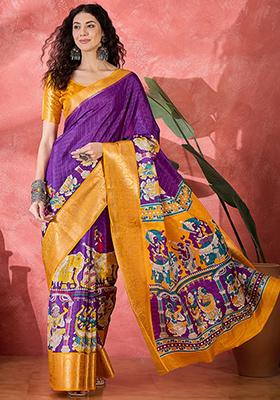 Purple Printed Silk Blend Saree Set