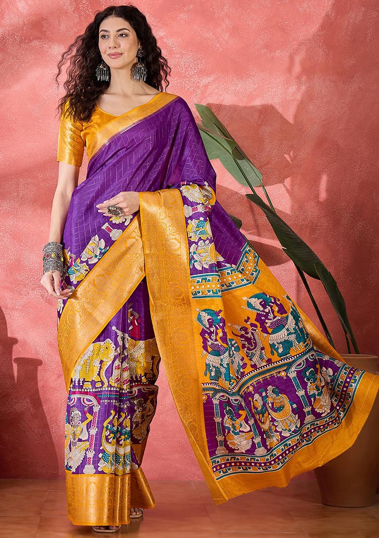 Purple Printed Silk Blend Saree Set