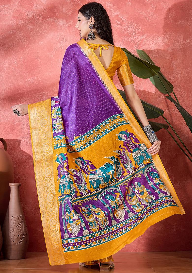 Purple Printed Silk Blend Saree Set