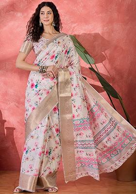 Beige Printed Silk Blend Saree Set