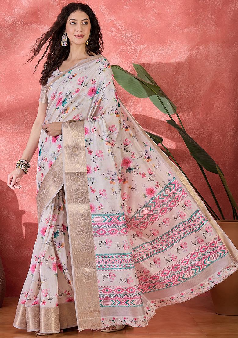 Beige Printed Silk Blend Saree Set