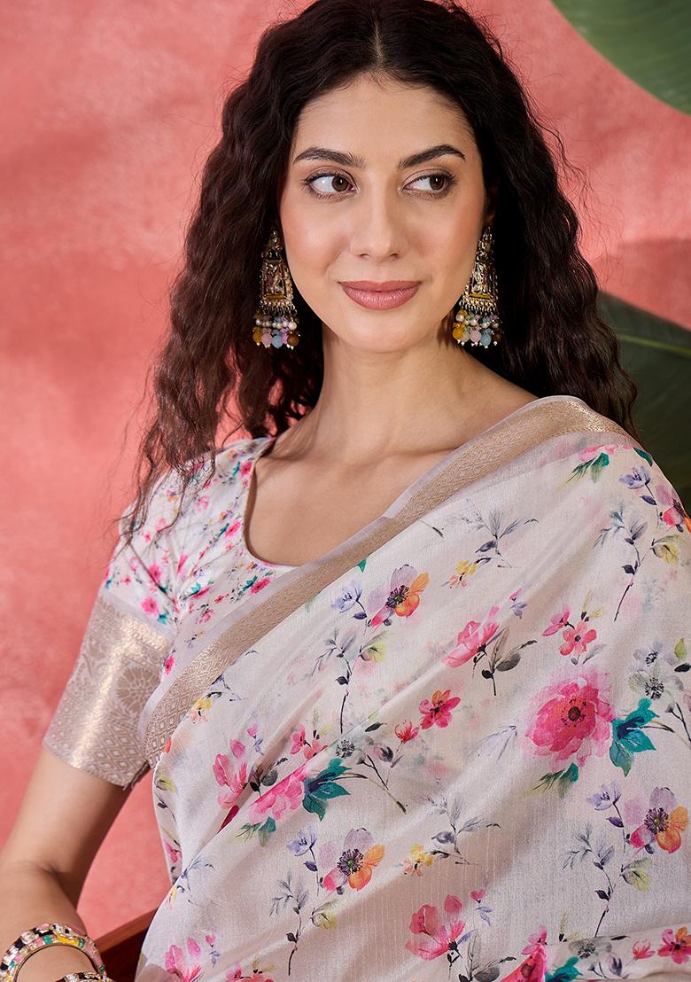 Beige Printed Silk Blend Saree Set