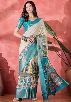 Sky Blue Printed Silk Blend Saree Set