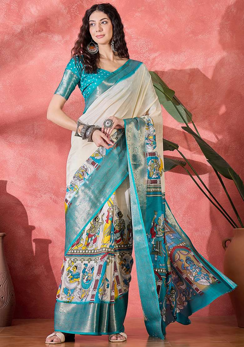 Sky Blue Printed Silk Blend Saree Set - Indya