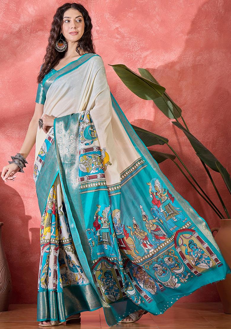 Sky Blue Printed Silk Blend Saree Set