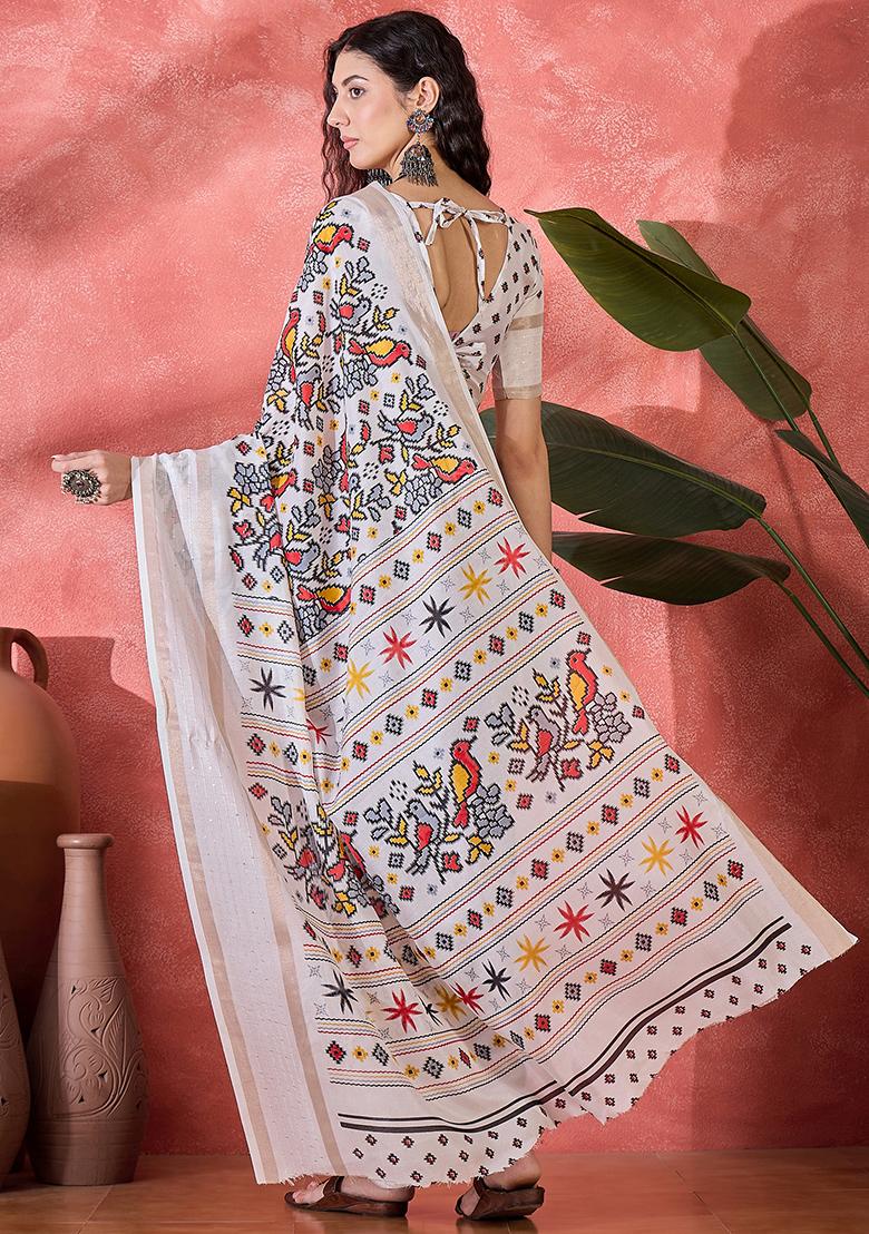 Beige Printed Silk Cotton Saree Set