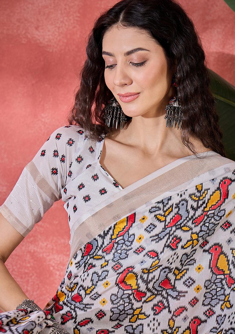 Beige Printed Silk Cotton Saree Set