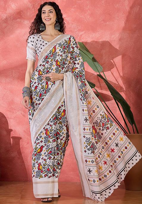 Beige Printed Silk Cotton Saree Set