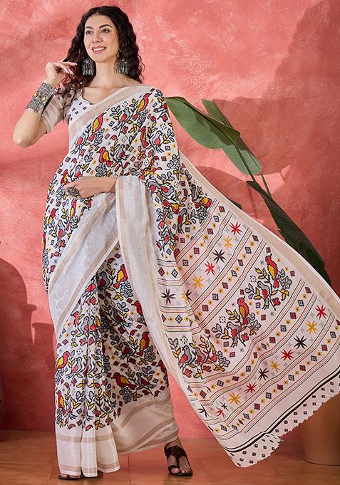 Beige Printed Silk Cotton Saree Set