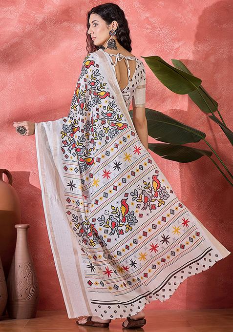 Beige Printed Silk Cotton Saree Set