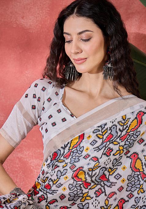 Beige Printed Silk Cotton Saree Set