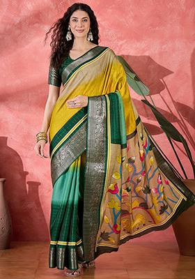 Gold Printed Silk Blend Saree Set