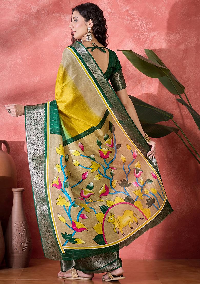 Gold Printed Silk Blend Saree Set