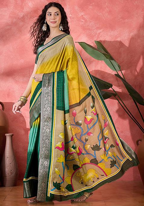 Gold Printed Silk Blend Saree Set