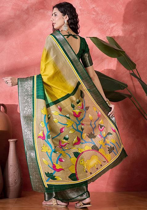 Gold Printed Silk Blend Saree Set