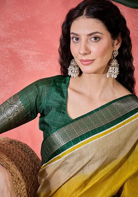 Gold Printed Silk Blend Saree Set