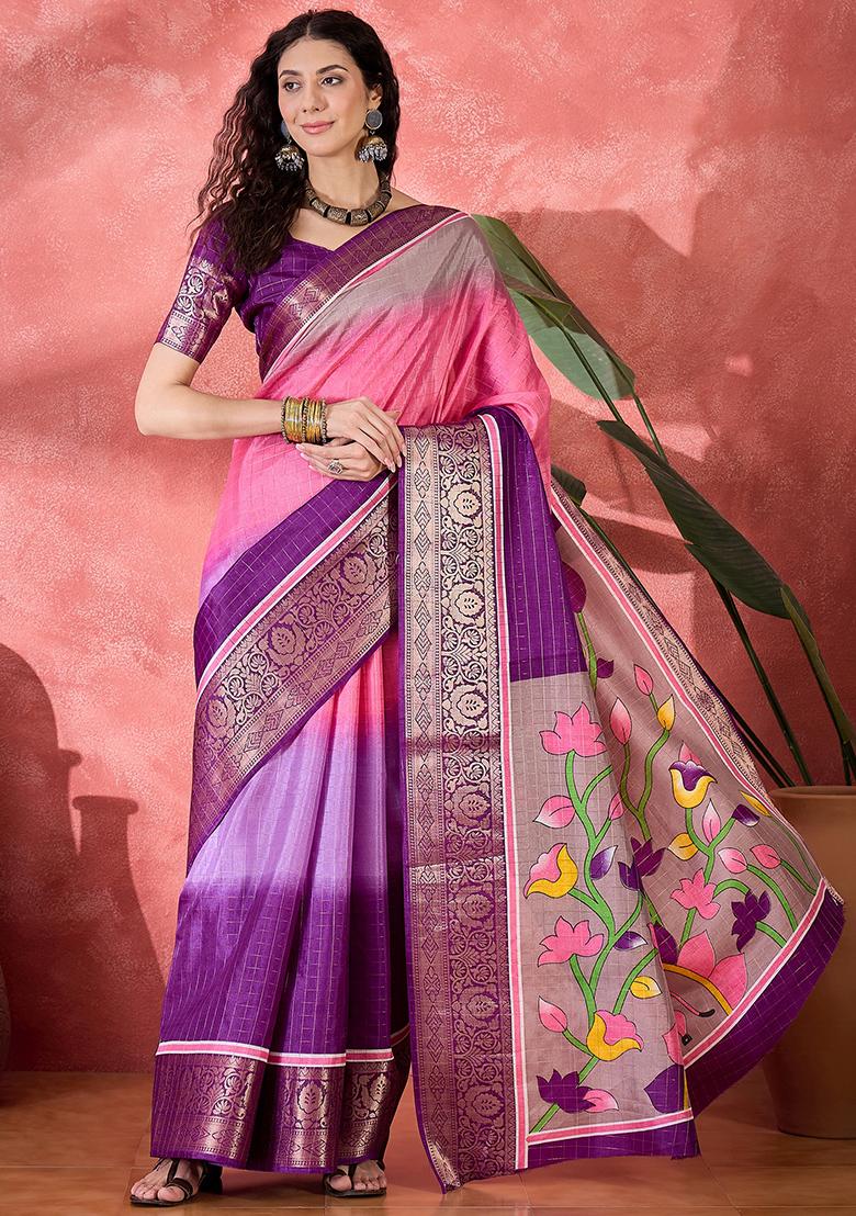 Pink Printed Silk Blend Saree Set