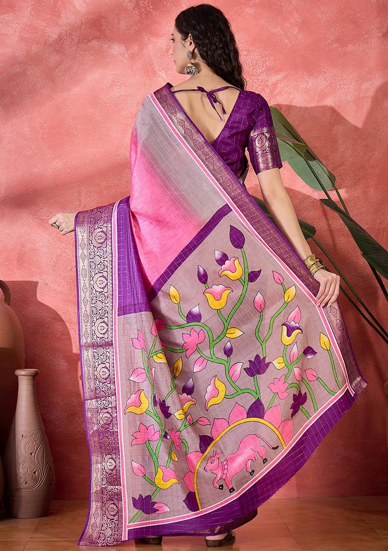 Pink Printed Silk Blend Saree Set